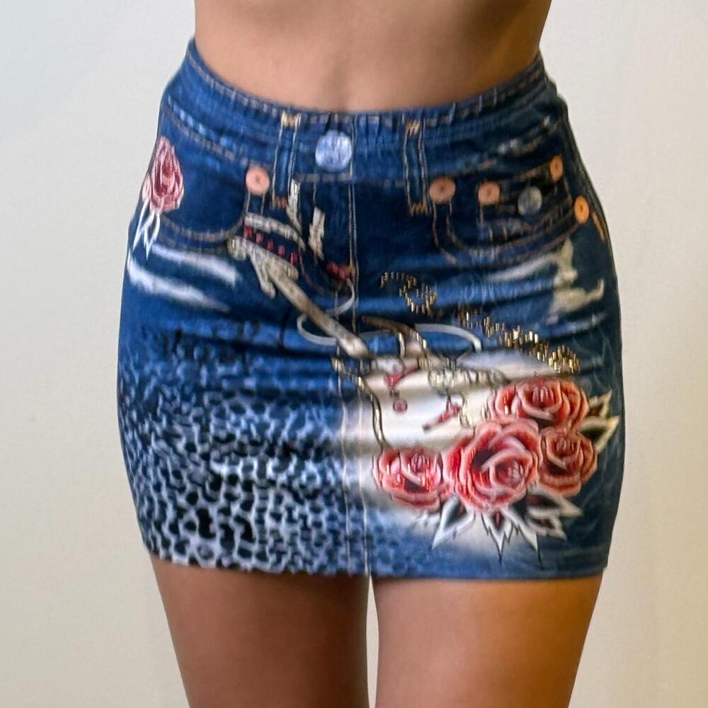 Blue Printed Mini Skirt with Rhinestones